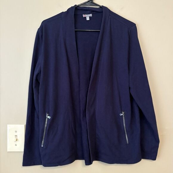 T by Talbots Cardigan Sweater Pima Cotton Zip Pockets Navy Blue Petite Large - Picture 1 of 6